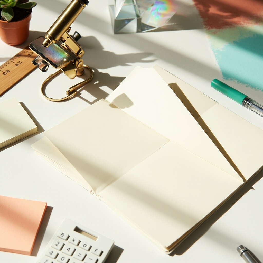 Modern desk flat lay with study supplies and rainbow prism