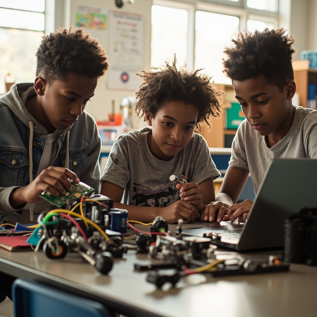 Black high school students collaborating on a robotics STEM project