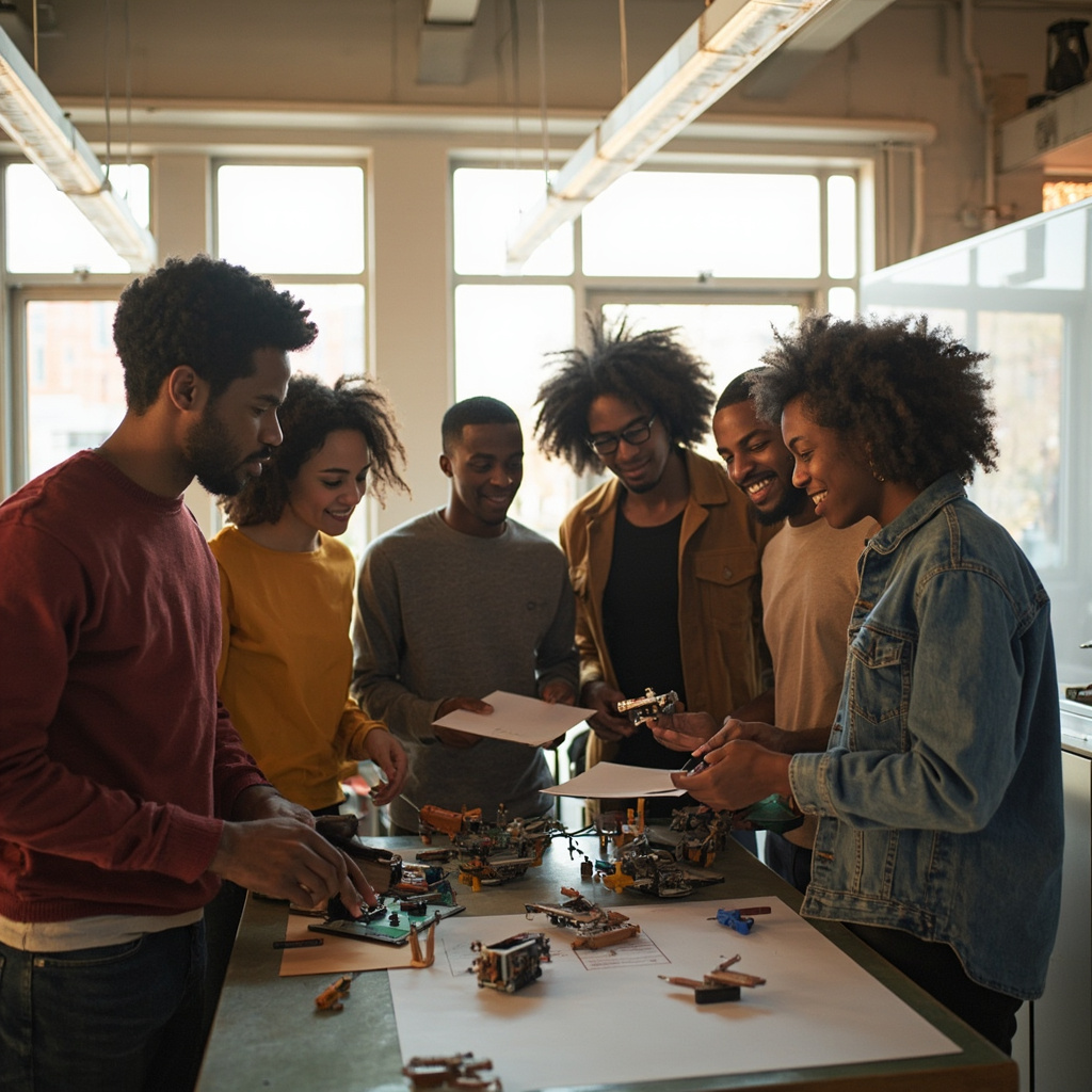 Diverse minority STEM students collaborating in a modern engineering lab