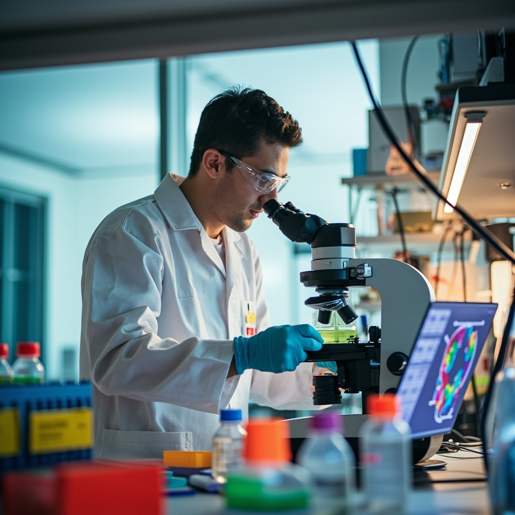 Graduate researcher working at a modern science lab bench with microscope and samples
