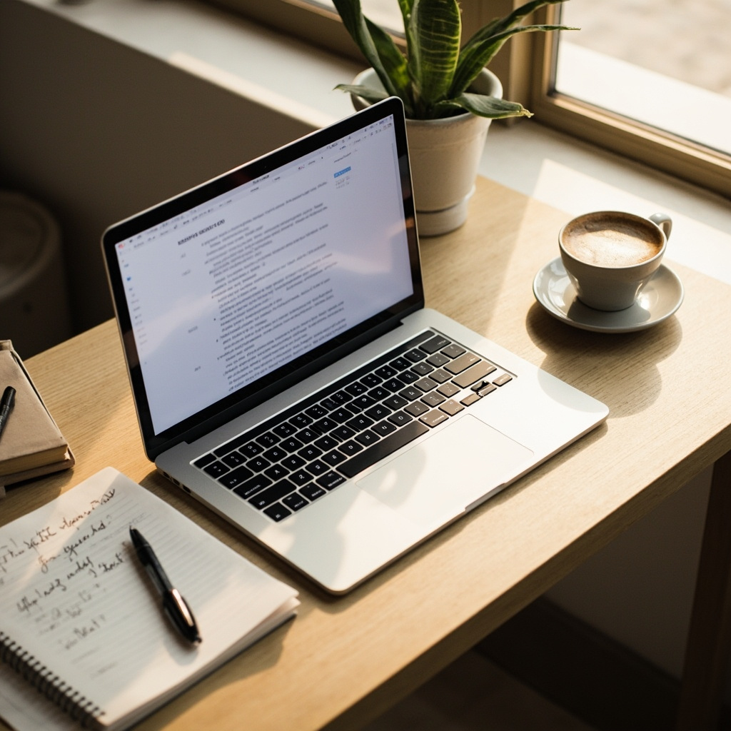 Laptop displaying draft personal statement for scholarship application