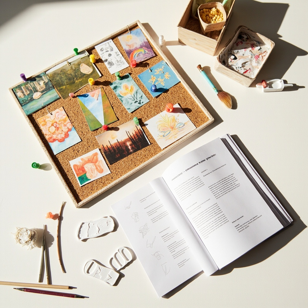 Art portfolio spread with pinned artwork and printed statement