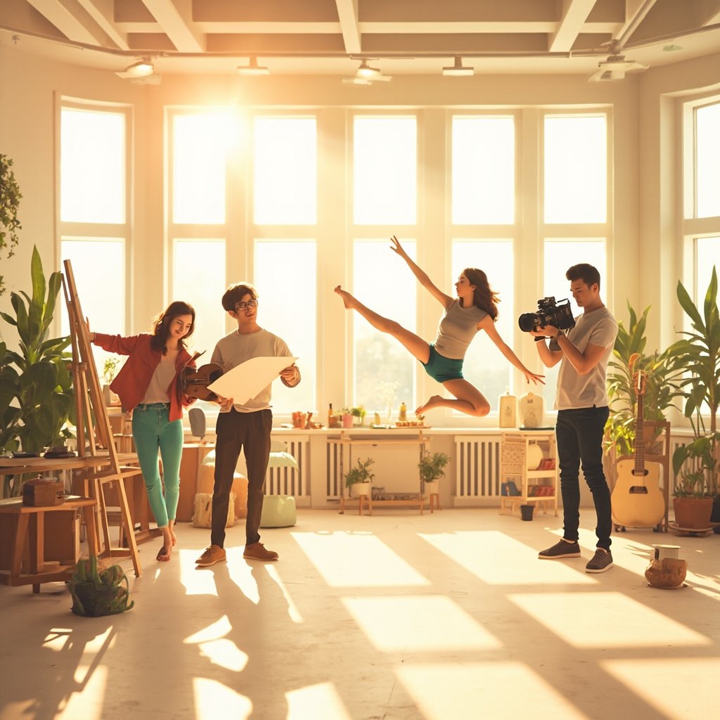 Diverse young artists collaborating in a bright creative studio space