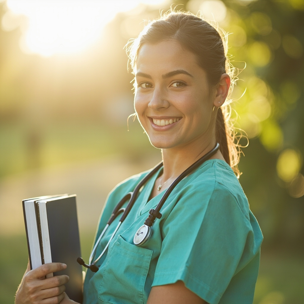 Confident nursing student in teal scrubs holding textbook smiling in sunlight