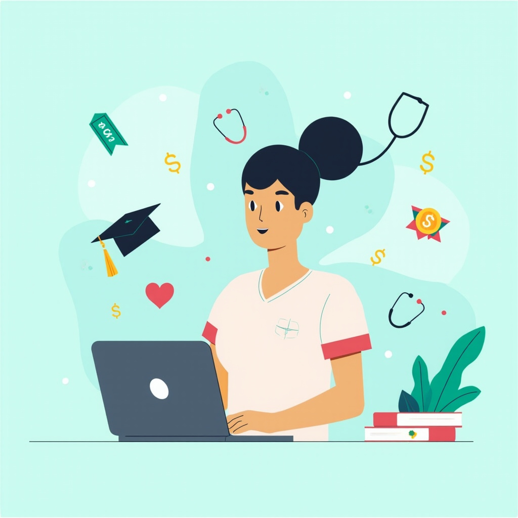 Nursing student studying on laptop surrounded by floating scholarship icons