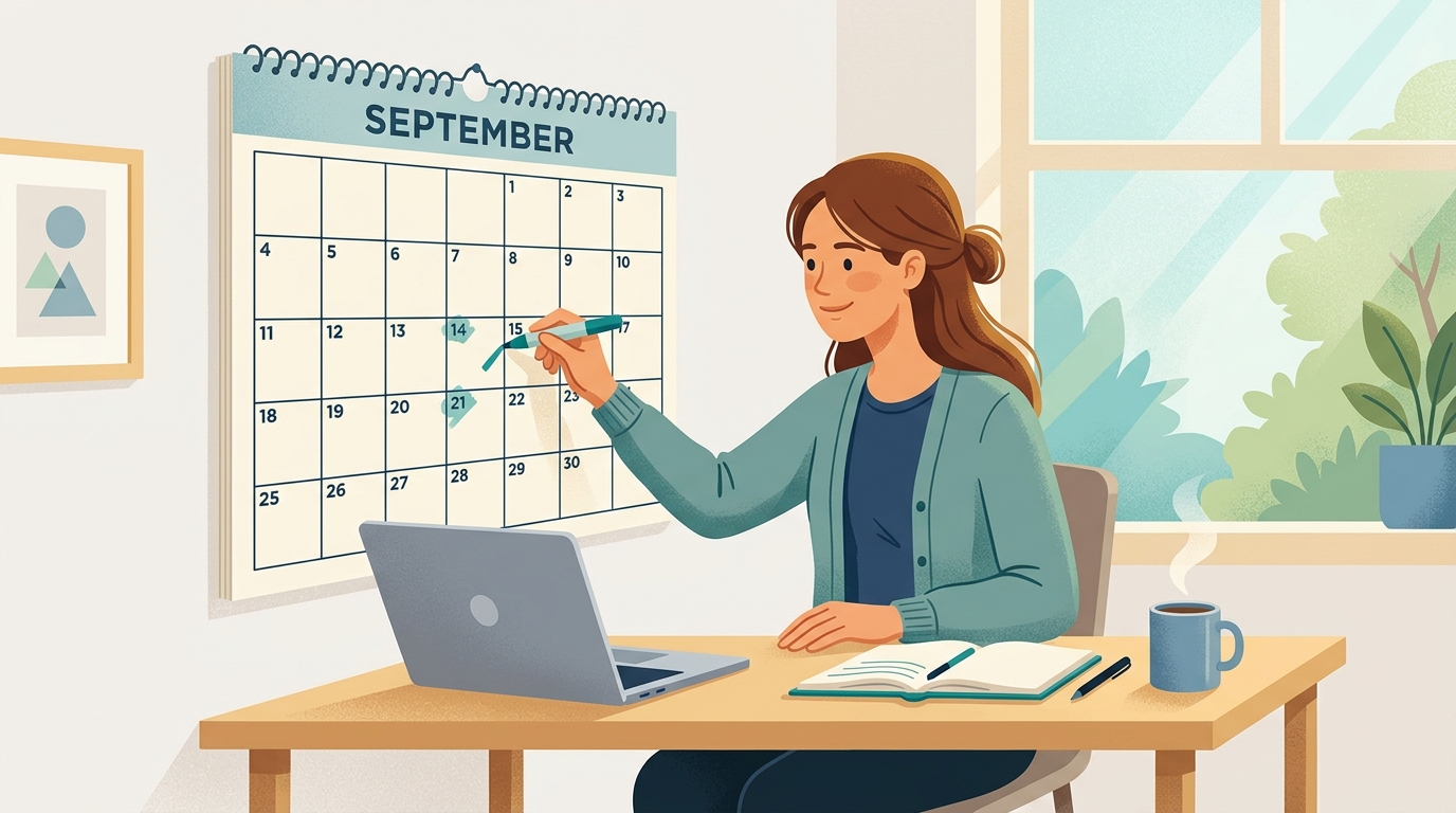 High-school senior marking scholarship deadlines on a wall calendar
