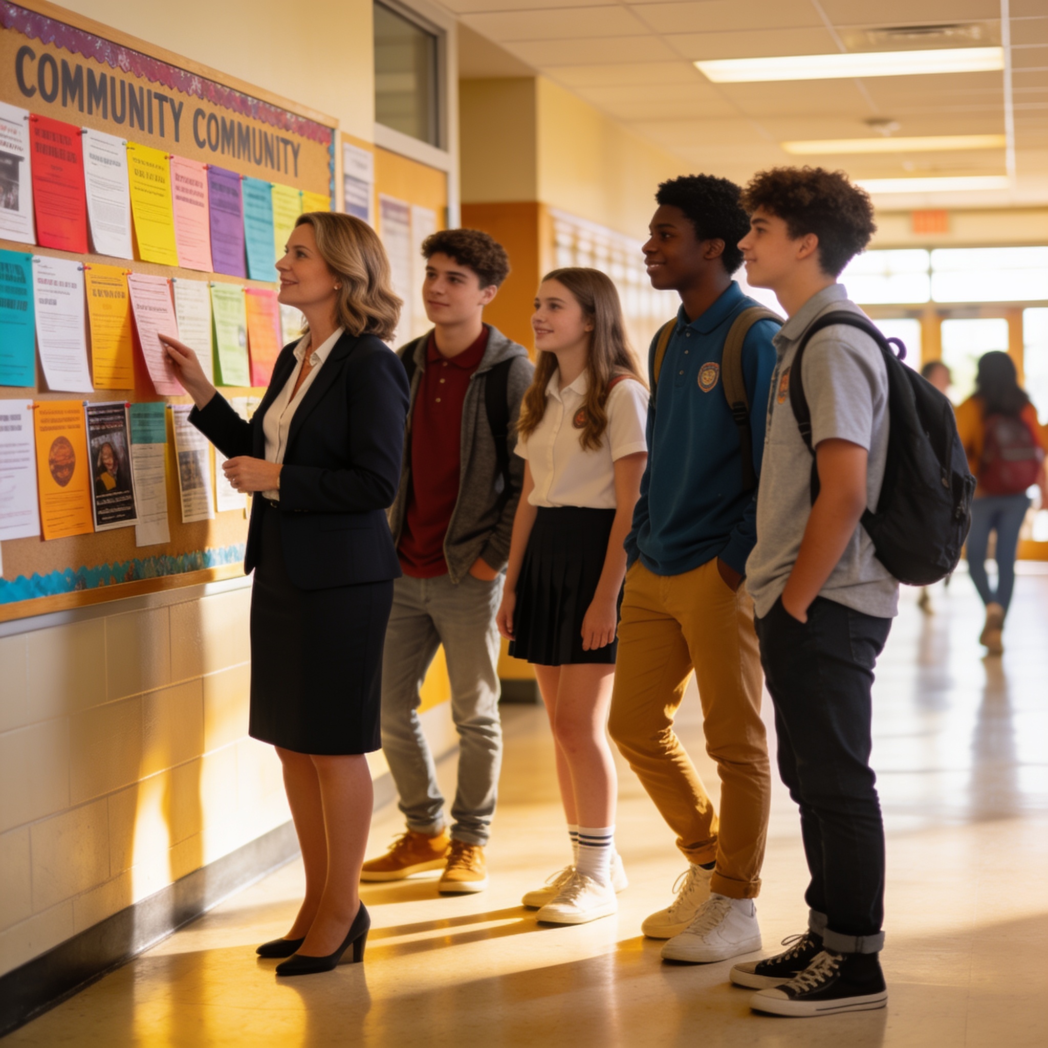 Student and counselor reviewing a scholarship bulletin board