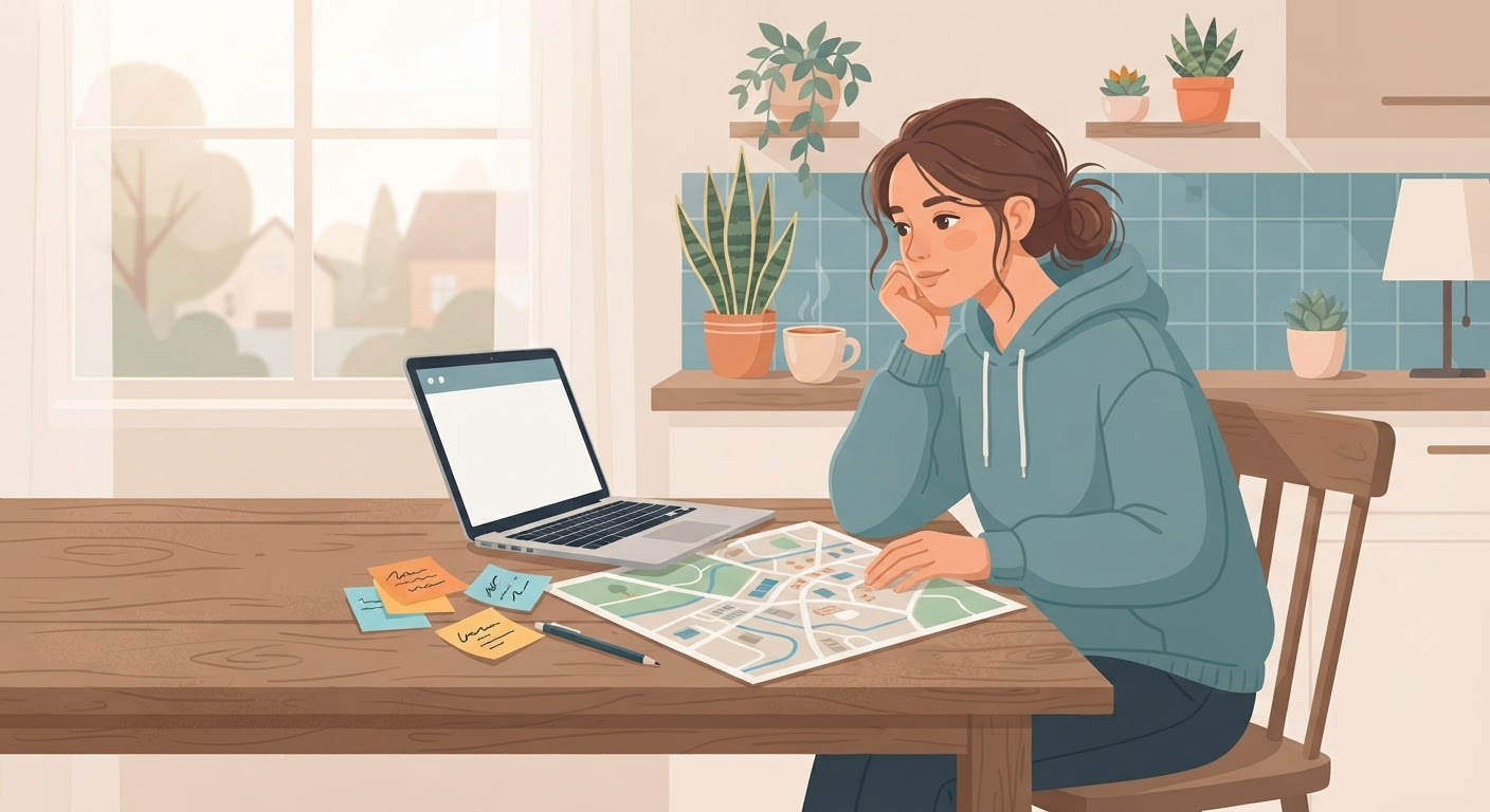 Student researching local scholarships at a kitchen table