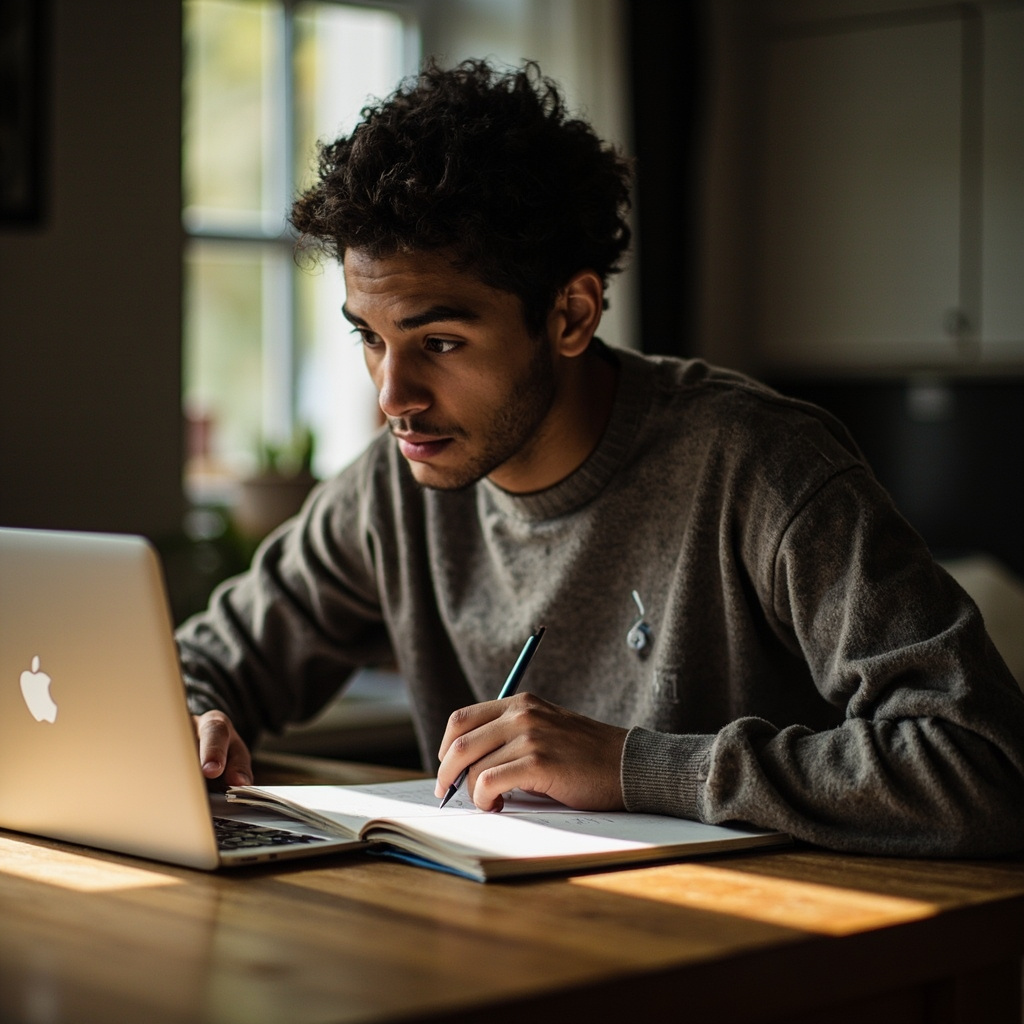 Student drafting a scholarship essay in their own words