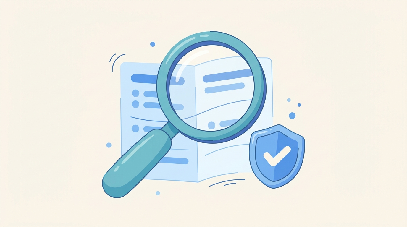 Magnifying glass and checkmark shield vetting a scholarship document