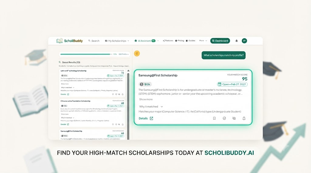 A profile card connecting to a shortlist of matched scholarship cards