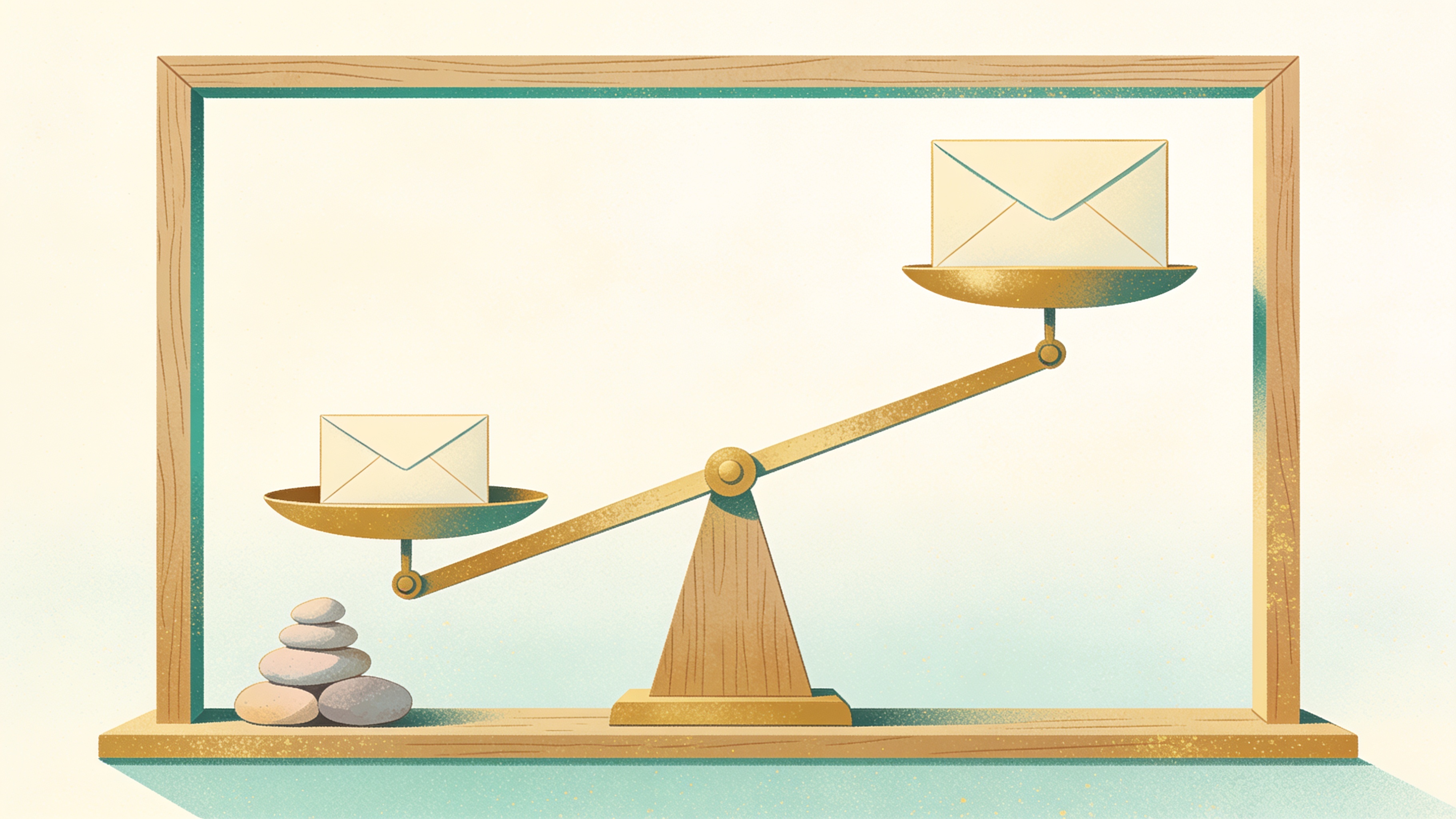 A balance scale tipped down on the side holding one small envelope, with one larger envelope floating higher on the other side