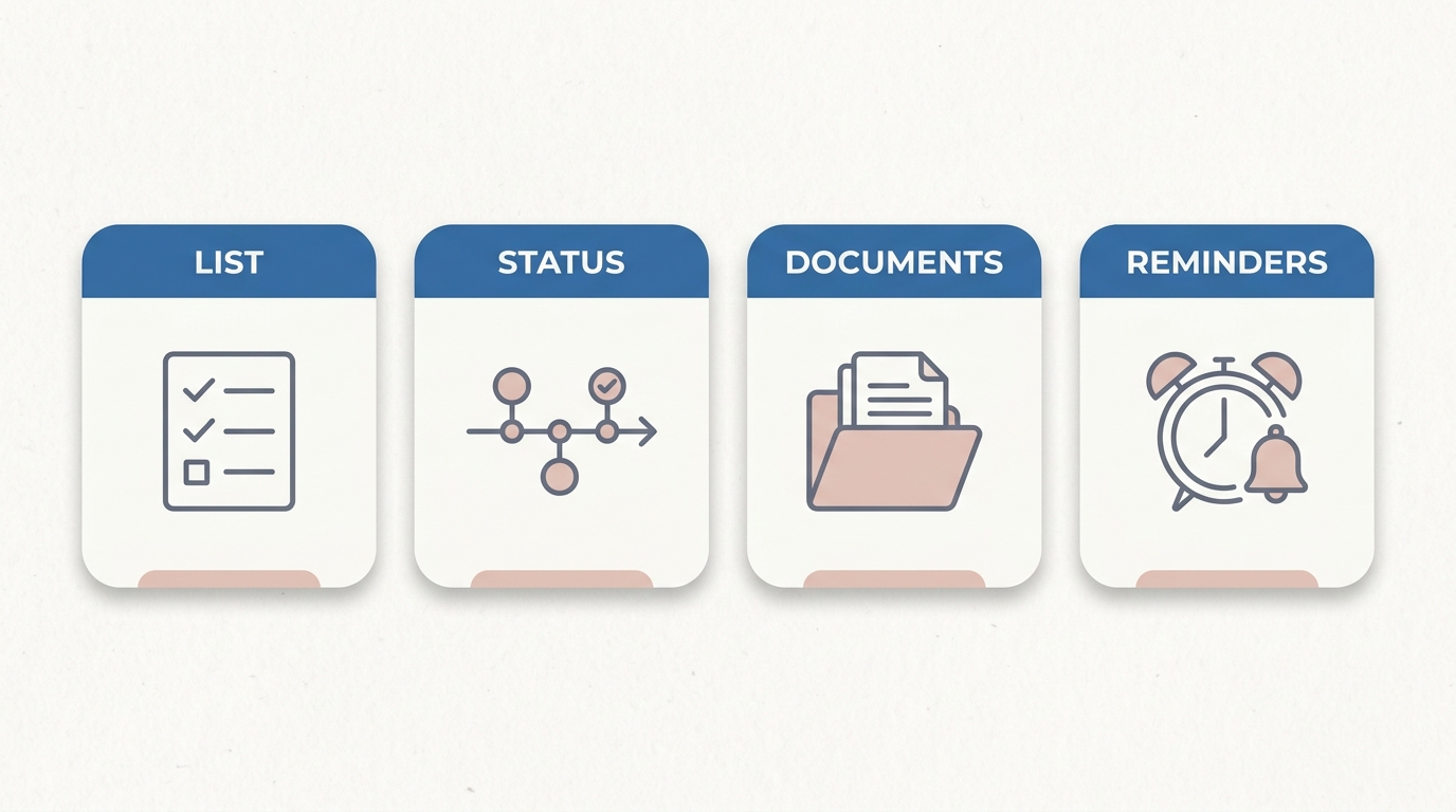 Four parts of a scholarship system: list, status, documents, reminders