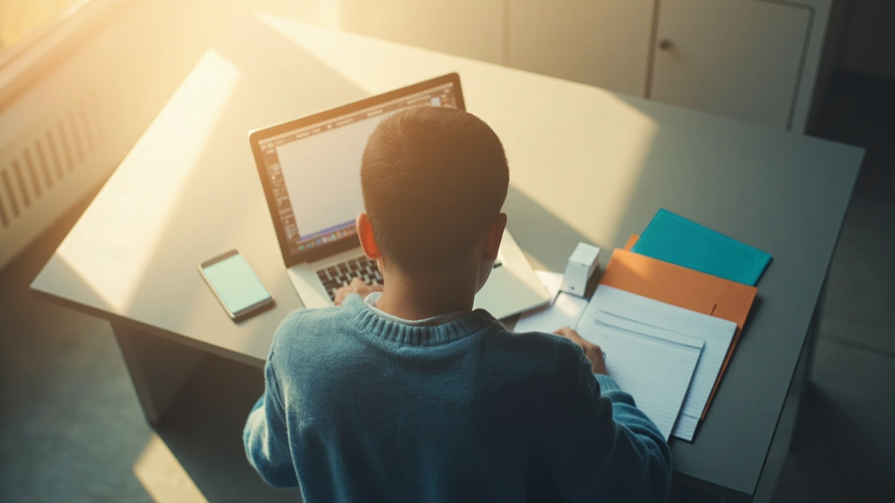 A student at a tidy desk working through scholarship applications with a laptop, a deadline list, documents, and a phone reminder
