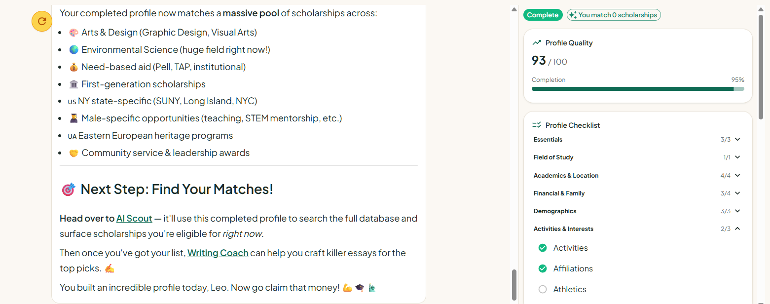 Four-step flow: answer or upload, profile fills in, see your matches