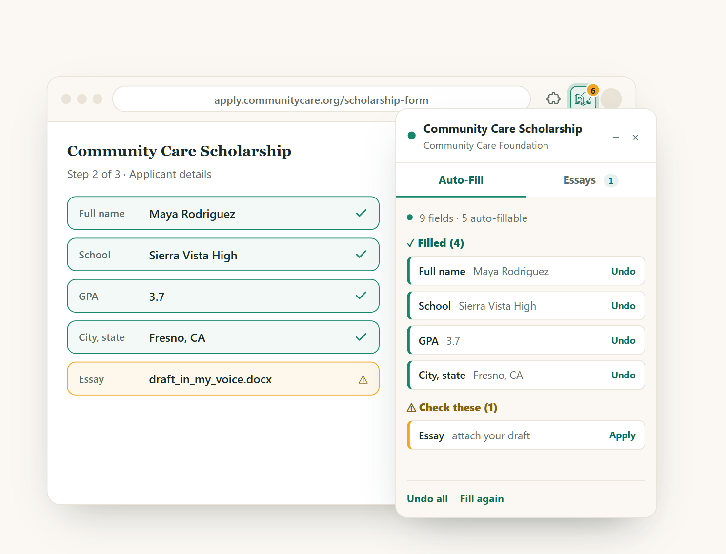 Three groups: filled fields, fields to check, and fields needing you