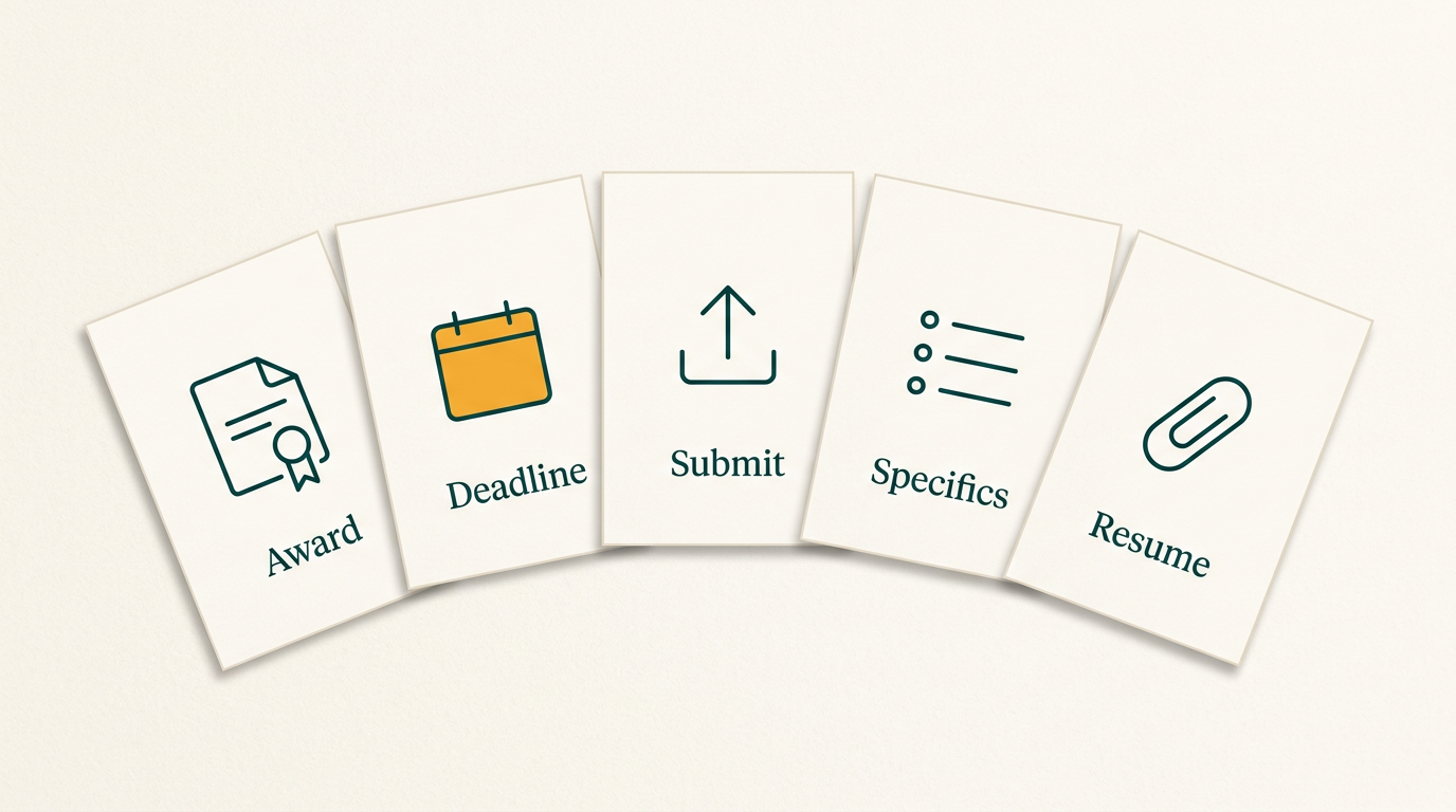 Five cards showing what to send a scholarship recommender